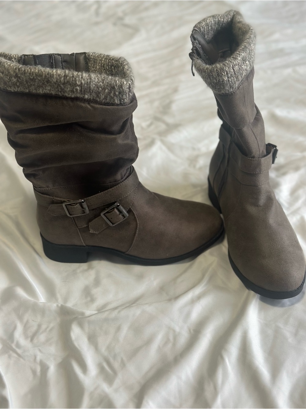 torrid Taupe Knit-Cuff Mid-Calf Buckle Boots
